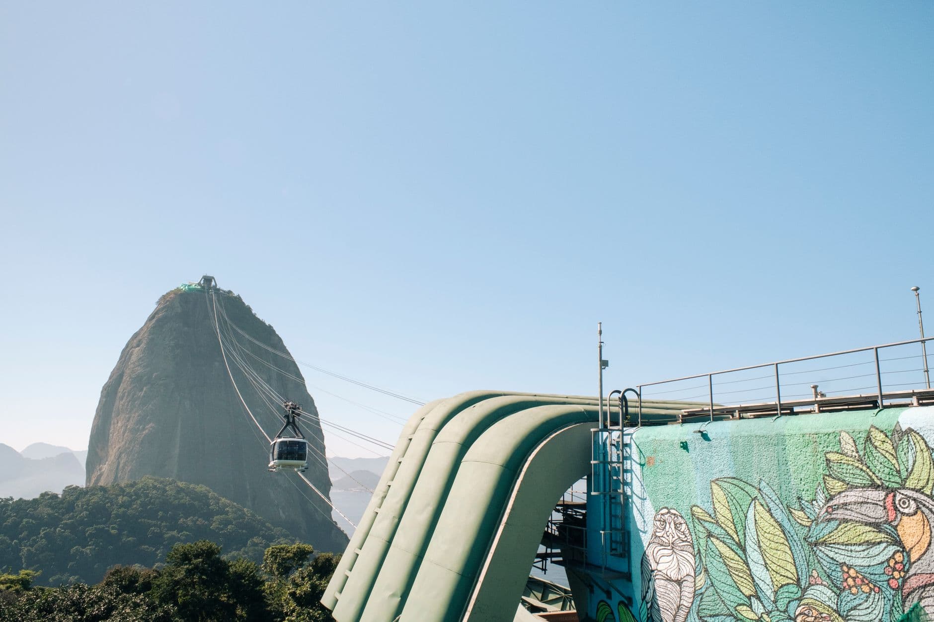 Scenic view of Sugarloaf Mountain with a cable car in Rio de Janeiro, Brazil.