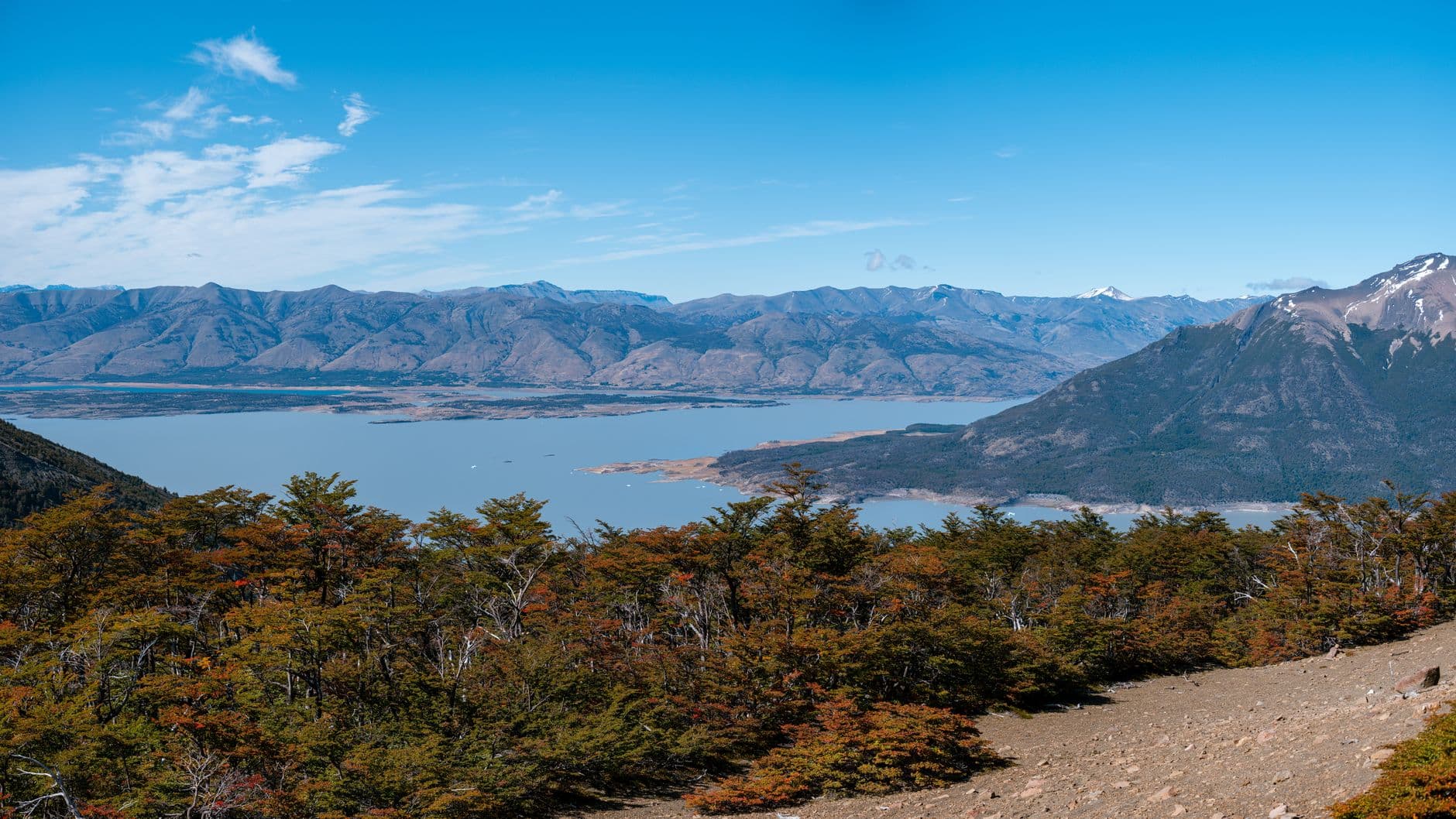 Scenic landscape of Lago Argentino and Andes mountains from El Calafate, Argentina.
