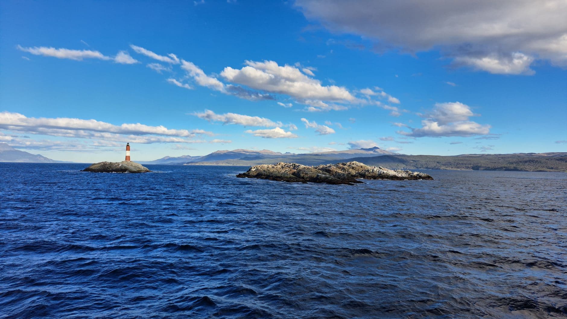 Scenic view of Les Eclaireurs Lighthouse at Ushuaia's Beagle Channel in Tierra del Fuego.