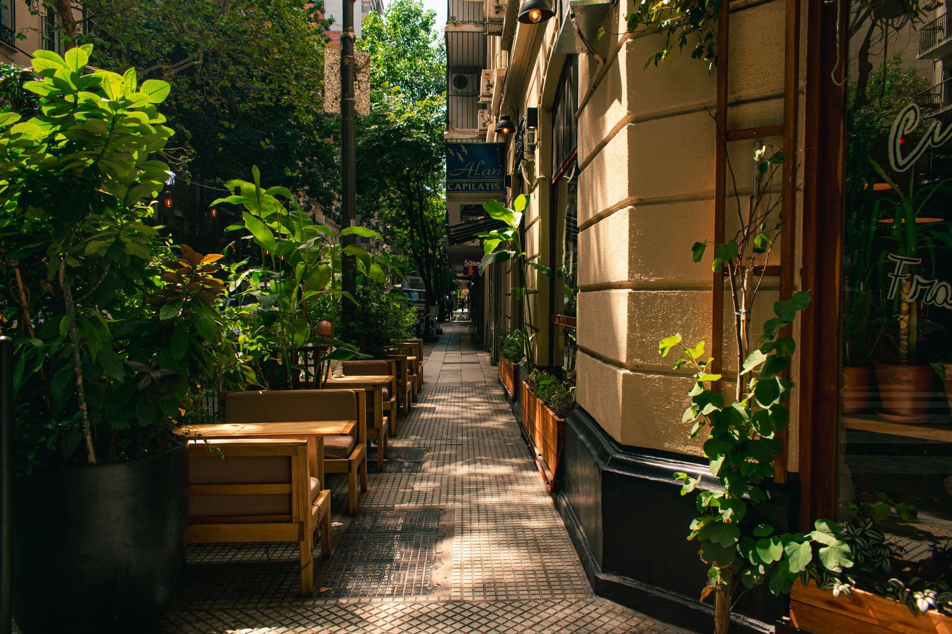 Cozy outdoor cafe seating along a leafy street in Buenos Aires.