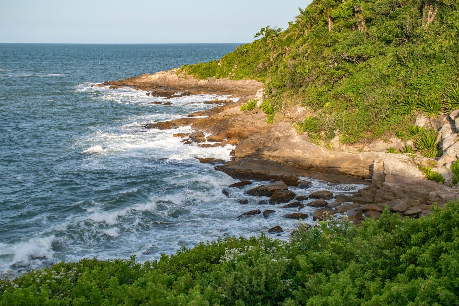 Serene view of rocky shore and lush greenery at Praia da Sepultura, Brazil.