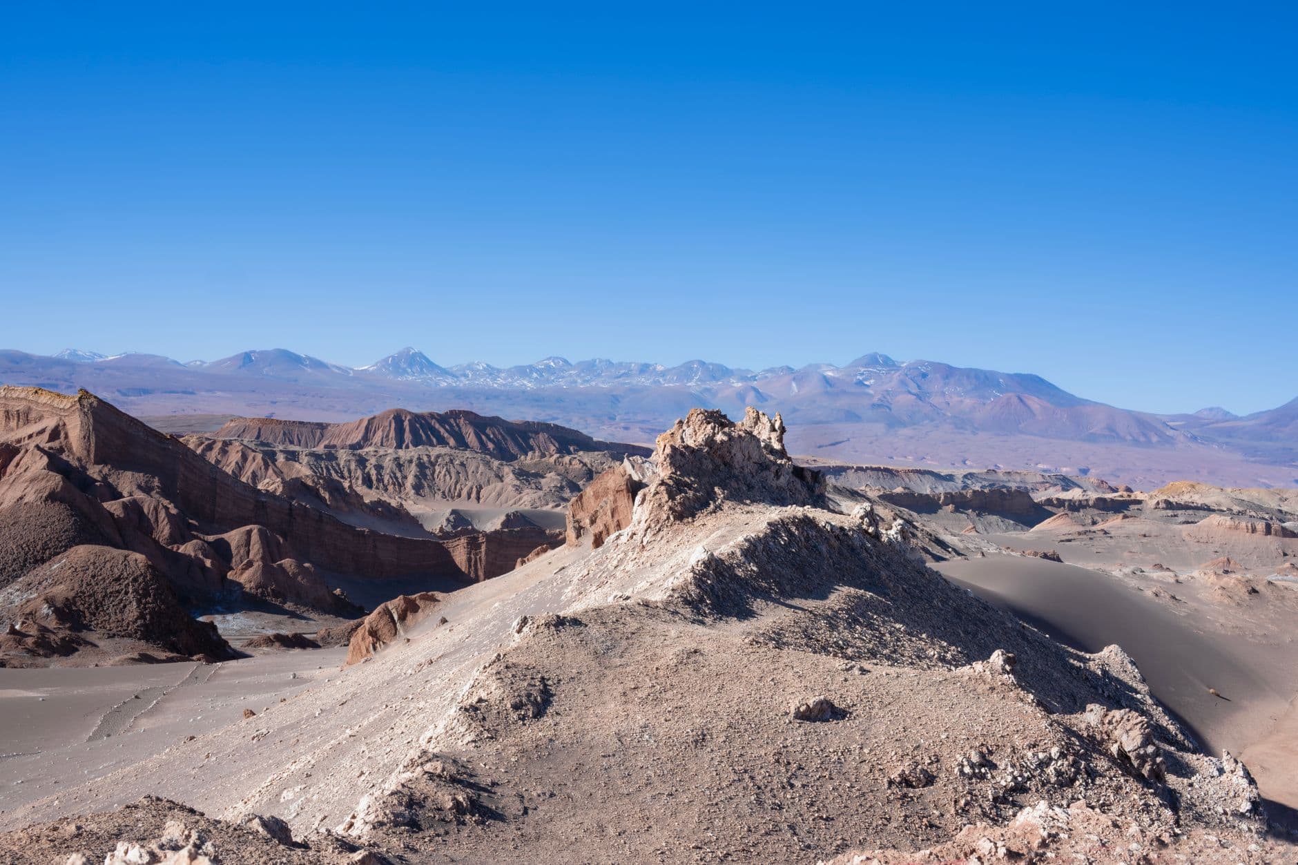 A breathtaking view of Valle de la Luna in the Atacama Desert, showcasing unique rock formations.