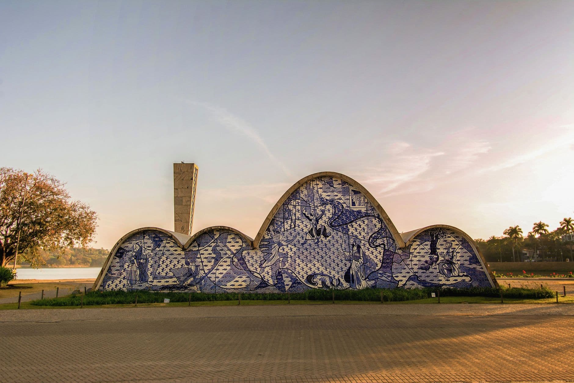 The Church of São Francisco de Assis with stunning tile facade during sunset in Belo Horizonte, Brazil.